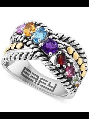 Effy Multicolor Gemstone Ring with Silver Rope Bands and Gold Accents